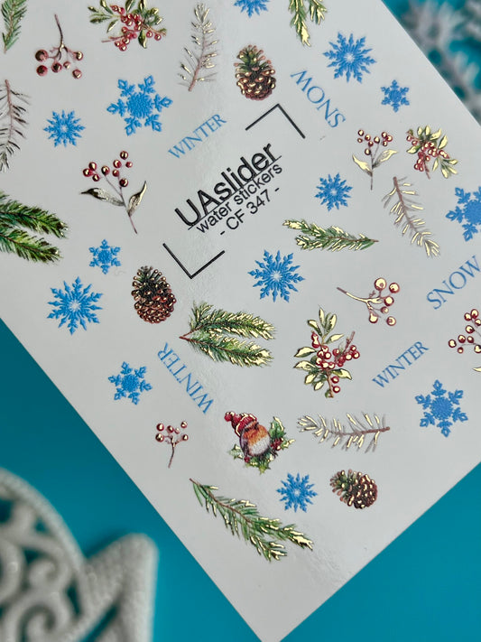 Nail Water Decal CF-347 | Water Slide Nail Decals | Winter Cones, Berries, Snowflakes & Gnomes