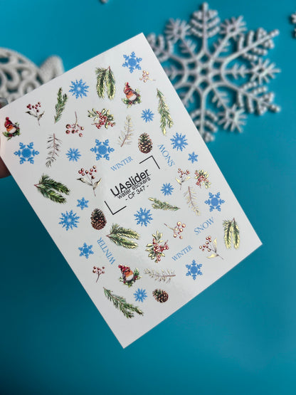 Nail Water Decal CF-347 | Water Slide Nail Decals | Winter Cones, Berries, Snowflakes & Gnomes