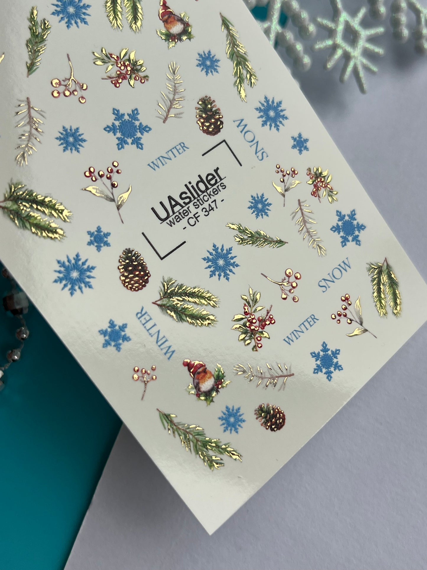 Nail Water Decal CF-347 | Water Slide Nail Decals | Winter Cones, Berries, Snowflakes & Gnomes