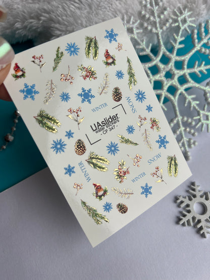 Nail Water Decal CF-347 | Water Slide Nail Decals | Winter Cones, Berries, Snowflakes & Gnomes