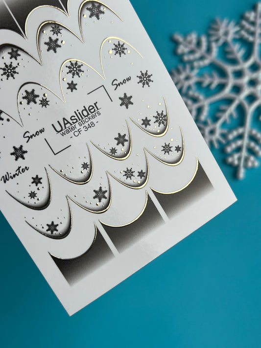 Nail Water Decal CF-348 | Water Slide Nail Decals | Winter French Tips with Snowflakes & Gold Accents