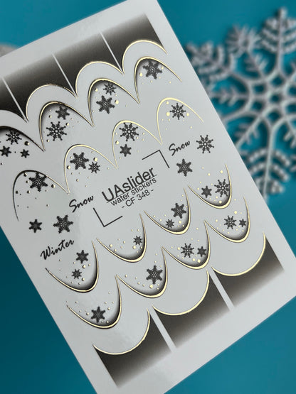 Nail Water Decal CF-348 | Water Slide Nail Decals | Winter French Tips with Snowflakes & Gold Accents