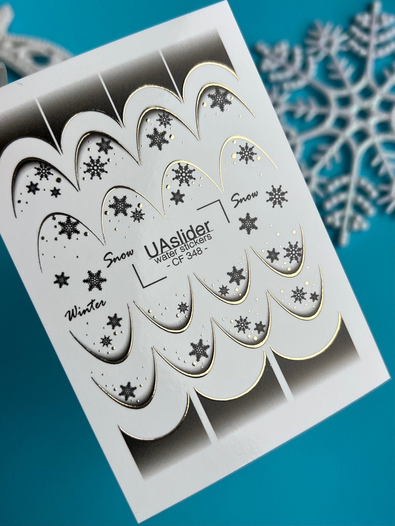 Nail Water Decal CF-348 | Water Slide Nail Decals | Winter French Tips with Snowflakes & Gold Accents - UASLIDER