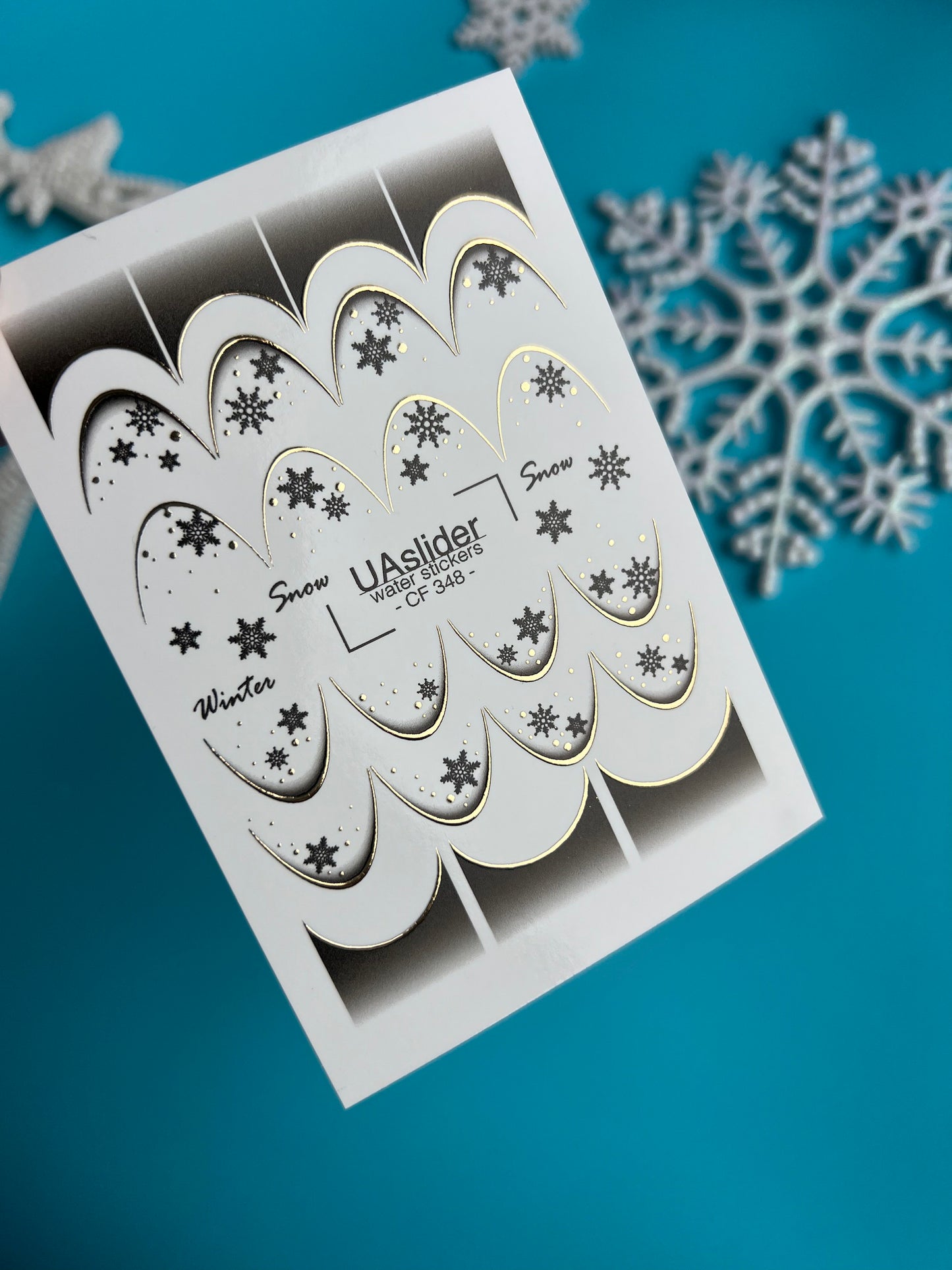 Nail Water Decal CF-348 | Water Slide Nail Decals | Winter French Tips with Snowflakes & Gold Accents