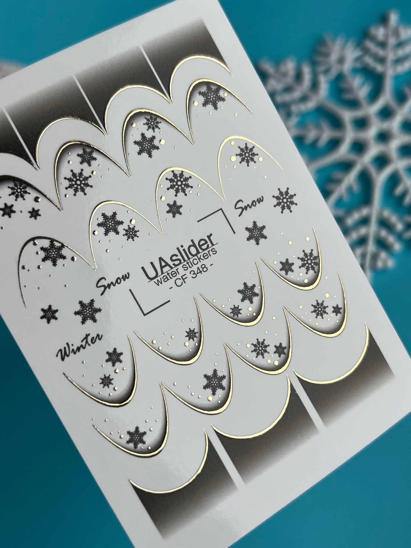 Nail Water Decal CF-348 | Water Slide Nail Decals | Winter French Tips with Snowflakes & Gold Accents - UASLIDER