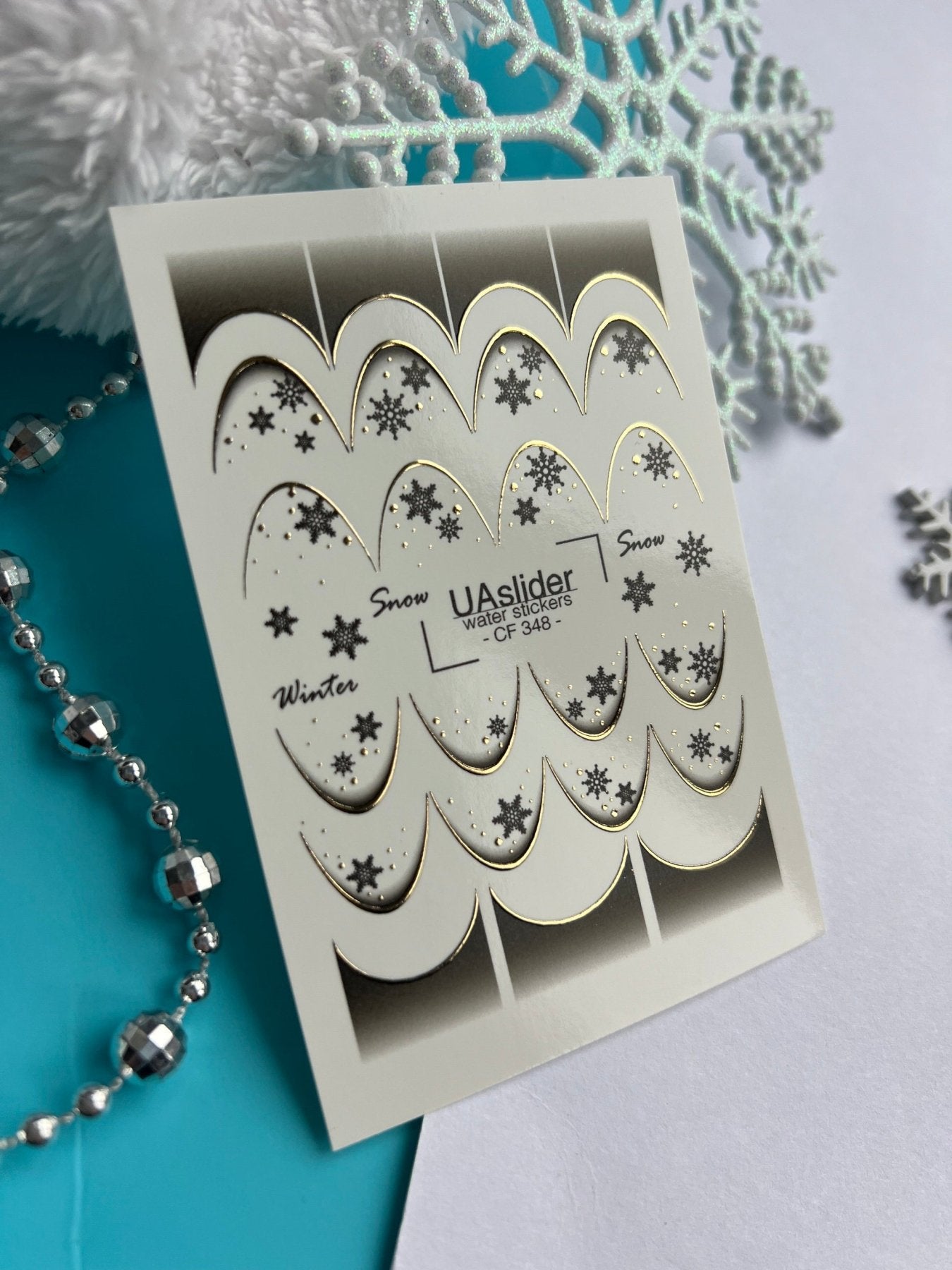 Nail Water Decal CF-348 | Water Slide Nail Decals | Winter French Tips with Snowflakes & Gold Accents - UASLIDER