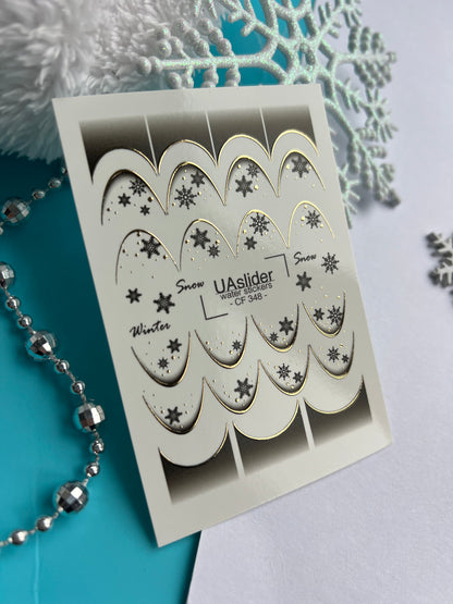 Nail Water Decal CF-348 | Water Slide Nail Decals | Winter French Tips with Snowflakes & Gold Accents