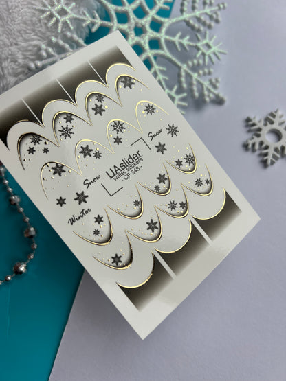 Nail Water Decal CF-348 | Water Slide Nail Decals | Winter French Tips with Snowflakes & Gold Accents