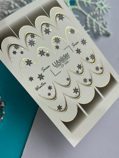 Nail Water Decal CF-348 | Water Slide Nail Decals | Winter French Tips with Snowflakes & Gold Accents