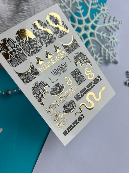 Nagel-Wasserabziehbild CF-350 | Wasserfolien-Nagelabziehbilder | Schwarzer & goldener Schlangendruck mit Schlangenakzenten