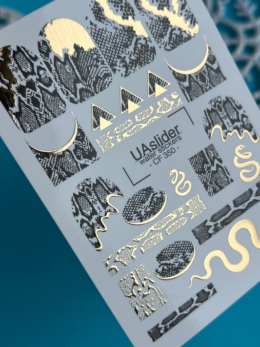 Nail Water Decal CF-350 | Water Slide Nail Decals | Black & Gold Snake Print with Serpent Accents