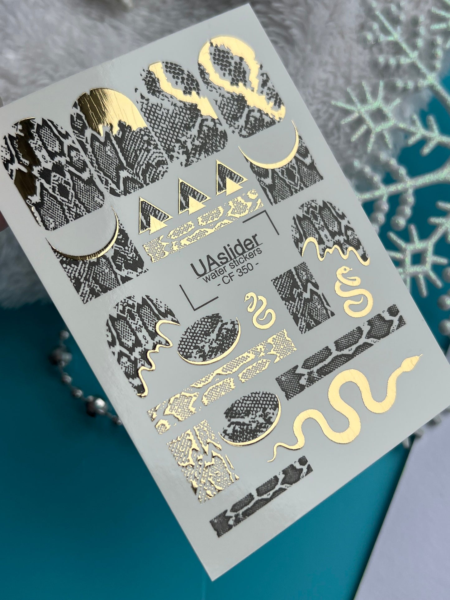 Nagel-Wasserabziehbild CF-350 | Wasserfolien-Nagelabziehbilder | Schwarzer & goldener Schlangendruck mit Schlangenakzenten