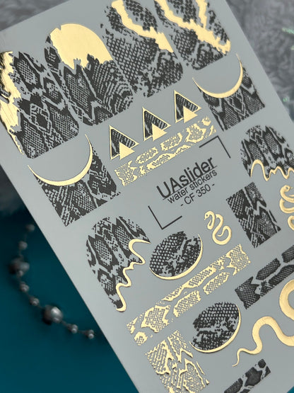 Nagel-Wasserabziehbild CF-350 | Wasserfolien-Nagelabziehbilder | Schwarzer & goldener Schlangendruck mit Schlangenakzenten