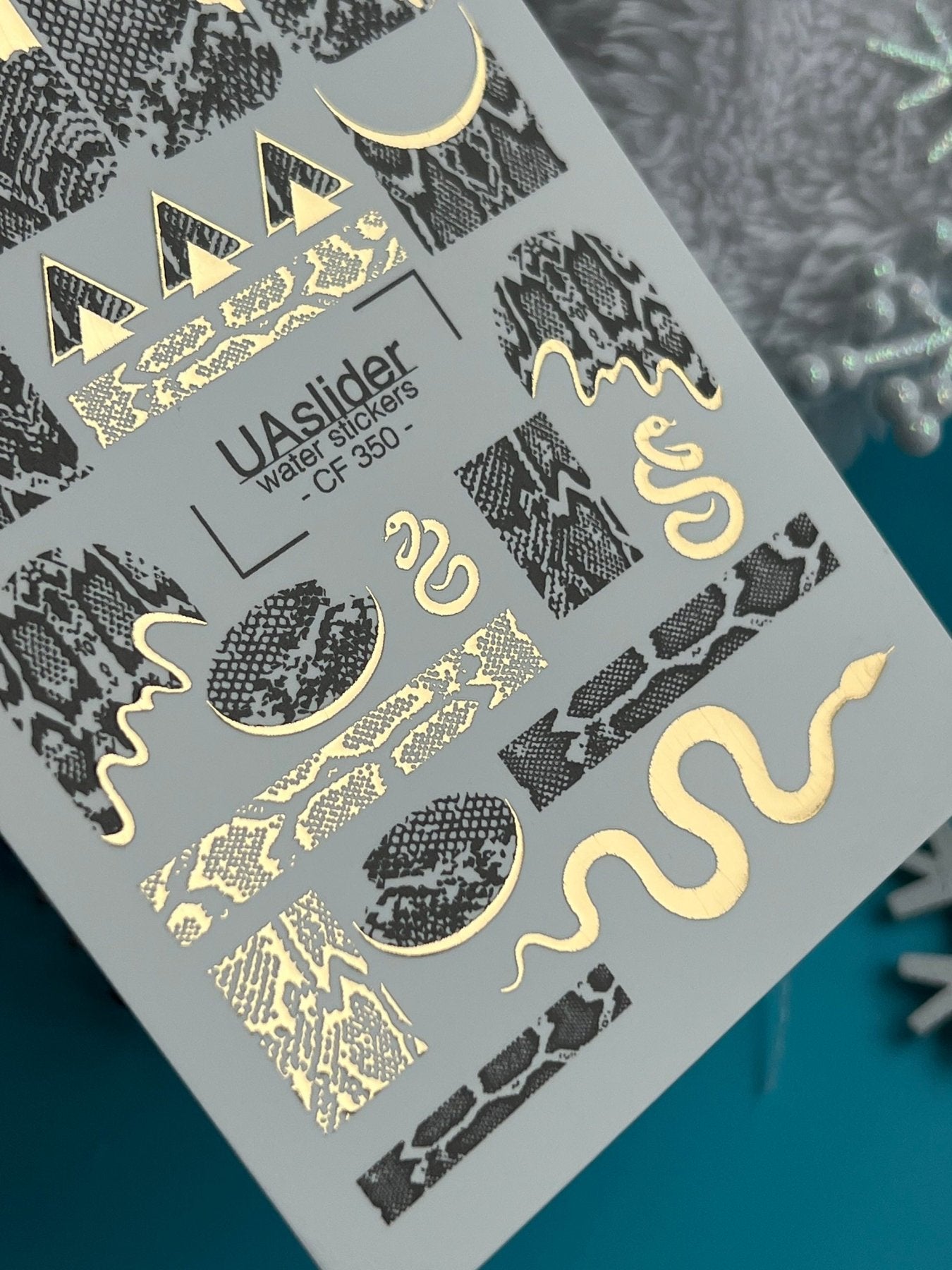 Nail Water Decal CF-350 | Water Slide Nail Decals | Black & Gold Snake Print with Serpent Accents - UASLIDER