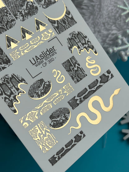 Nagel-Wasserabziehbild CF-350 | Wasserfolien-Nagelabziehbilder | Schwarzer & goldener Schlangendruck mit Schlangenakzenten