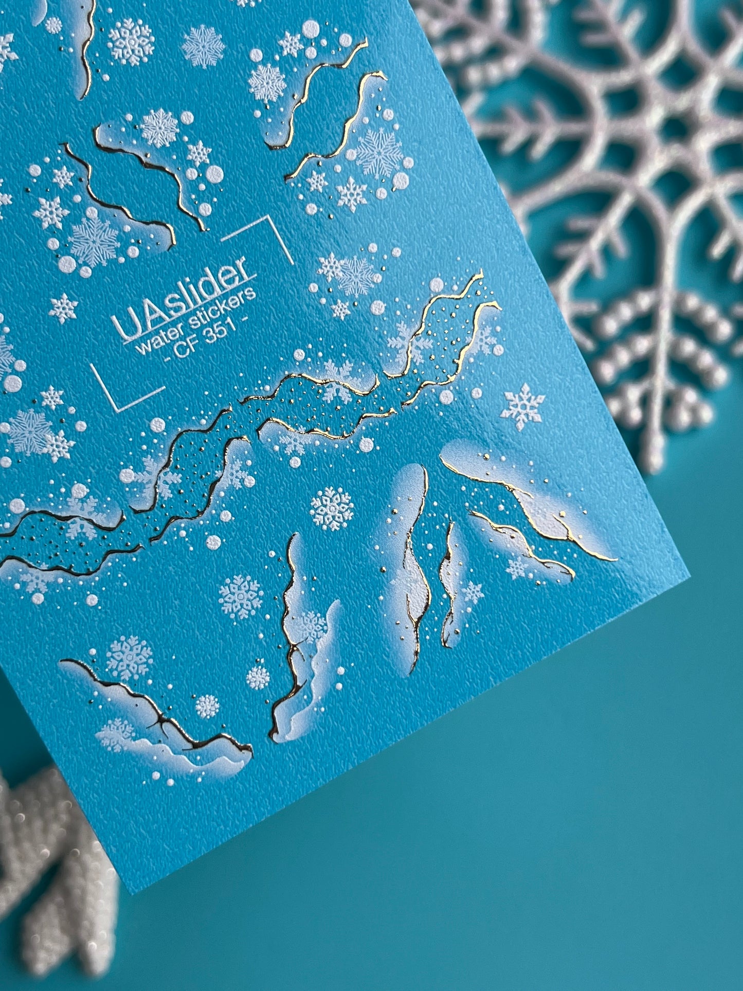 Nail Water Decal CF-351 | Water Slide Nail Decals | Snowflakes with Golden Winter Accents