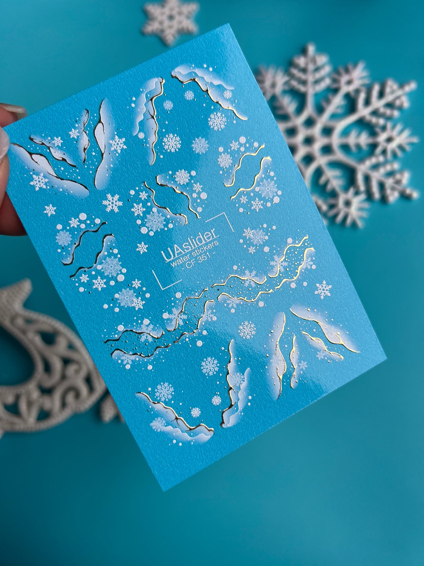 Nail Water Decal CF-351 | Water Slide Nail Decals | Snowflakes with Golden Winter Accents