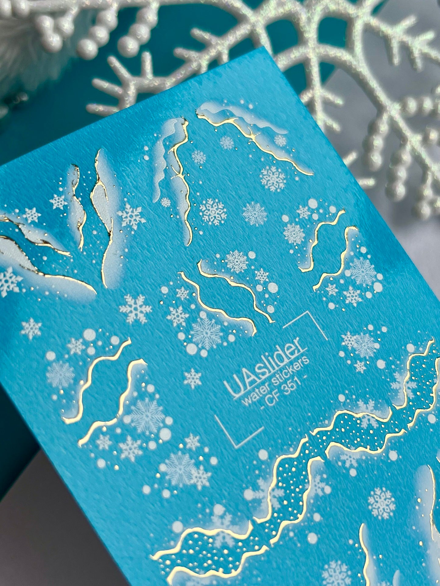 Nail Water Decal CF-351 | Water Slide Nail Decals | Snowflakes with Golden Winter Accents