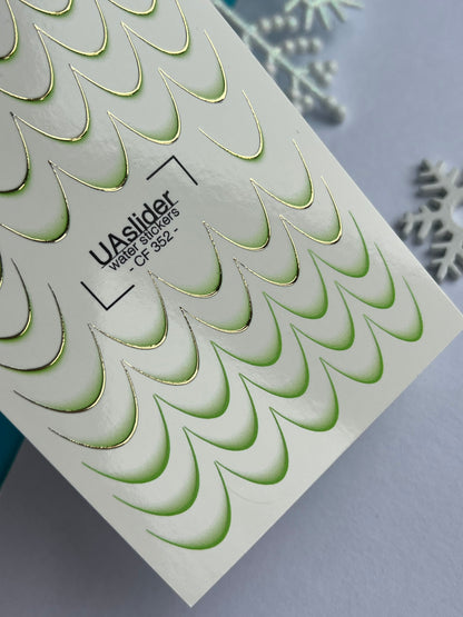 Nagel-Wasserabziehbild CF-352 | Wasserfolien-Nagelabziehbilder | Grüne French-Tips mit goldener Umrandung