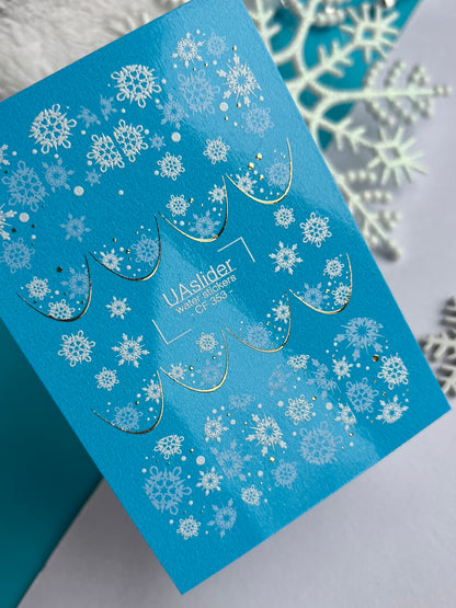 Nail Water Decal CF-353 | Water Slide Nail Decals | Snowflakes French Tips with Gold Accents