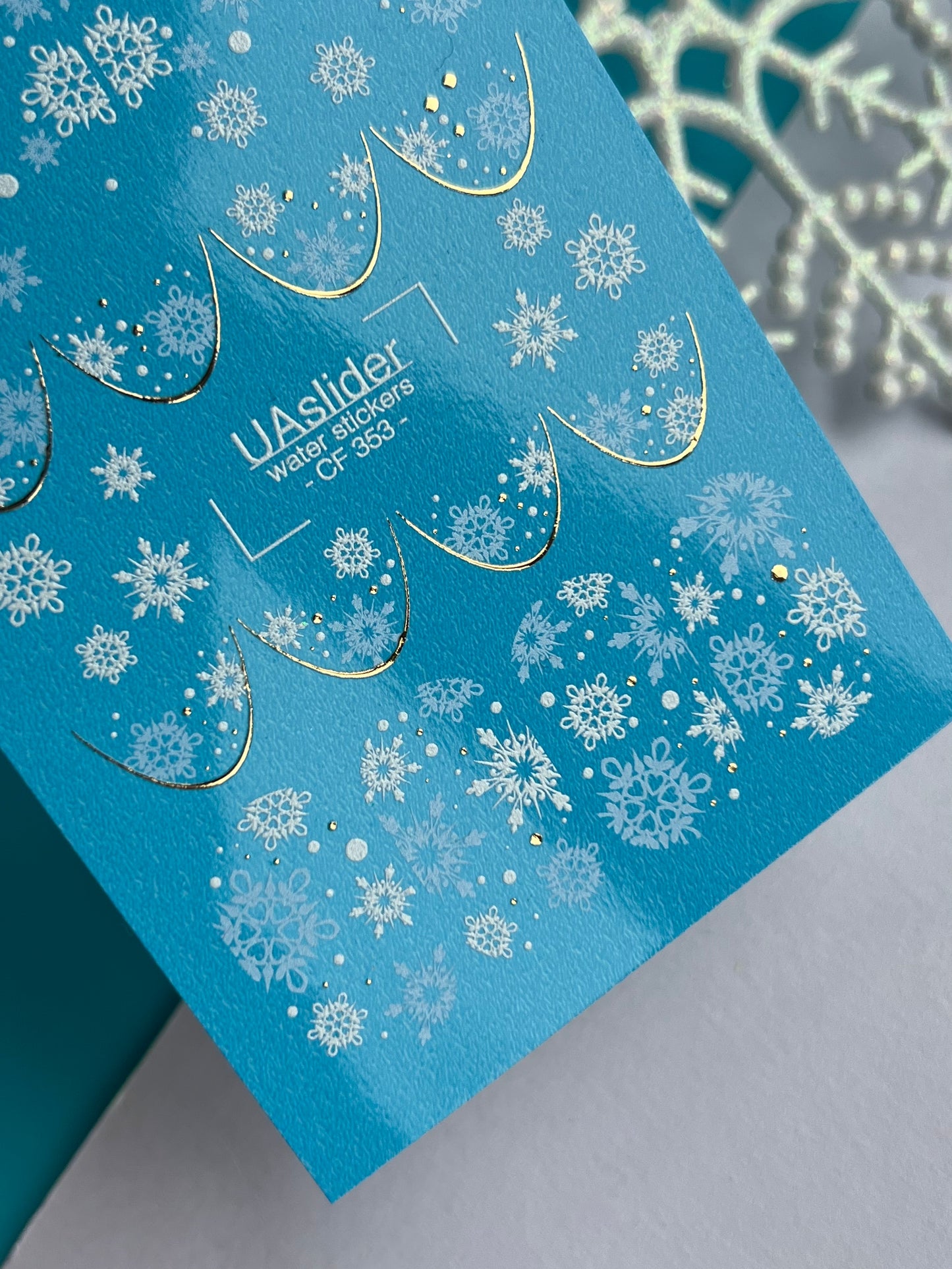 Nail Water Decal CF-353 | Water Slide Nail Decals | Snowflakes French Tips with Gold Accents