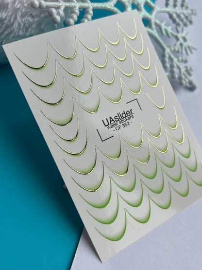 Nagel-Wasserabziehbild CF-352 | Wasserfolien-Nagelabziehbilder | Grüne French-Tips mit goldener Umrandung