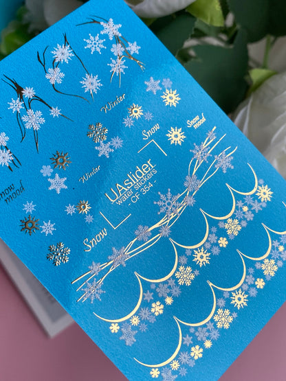 Nagel-Wasserabziehbild CF-354 | Wasserabzieh-Nagelbilder | Schneeflocken & Winterzweige mit goldenen Akzenten