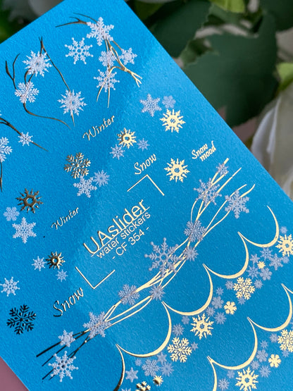 Nagel-Wasserabziehbild CF-354 | Wasserabzieh-Nagelbilder | Schneeflocken & Winterzweige mit goldenen Akzenten