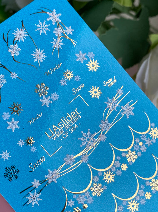 Nail Water Decal CF-354 | Water Slide Nail Decals | Snowflakes & Winter Branches with Gold Accents