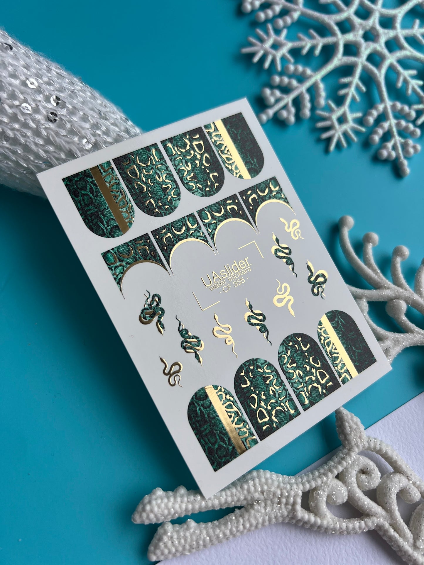 Nail Water Decal CF-355 | Water Slide Nail Decals | Green Snake Print with Gold Foil & Serpent Motifs