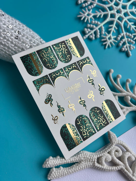 Nail Water Decal CF-355 | Water Slide Nail Decals | Green Snake Print with Gold Foil & Serpent Motifs