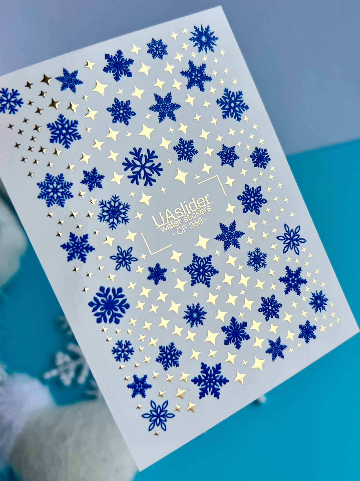 Nail Water Decal CF-359 | Water Nail Decals | Blue Snowflakes & Gold Stars | Winter Christmas Nail Art