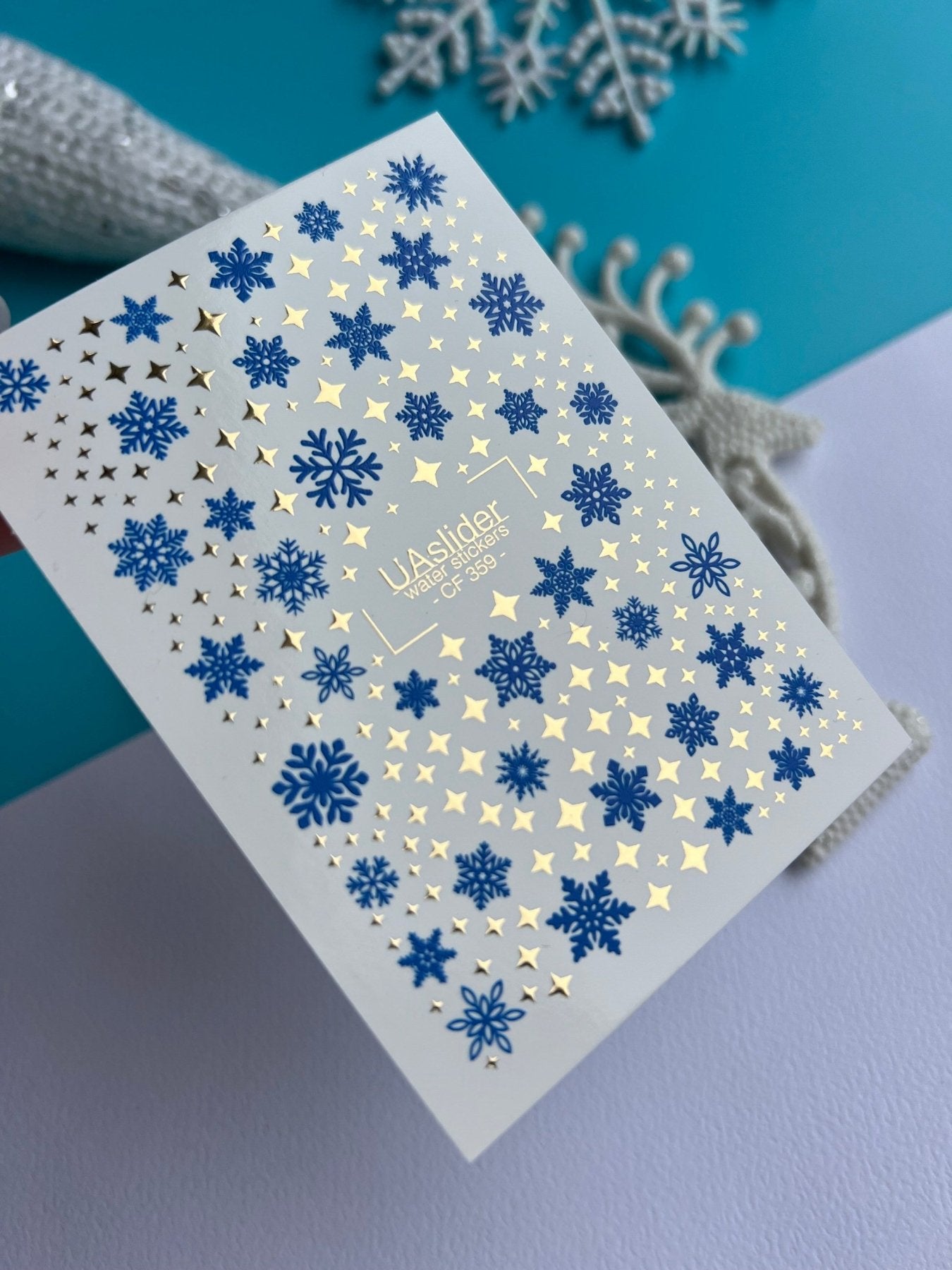 Nail Water Decal CF-359 | Water Nail Decals | Blue Snowflakes & Gold Stars | Winter Christmas Nail Art - UASLIDER