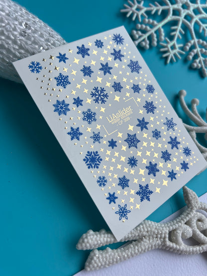 Nail Water Decal CF-359 | Water Nail Decals | Blue Snowflakes & Gold Stars | Winter Christmas Nail Art