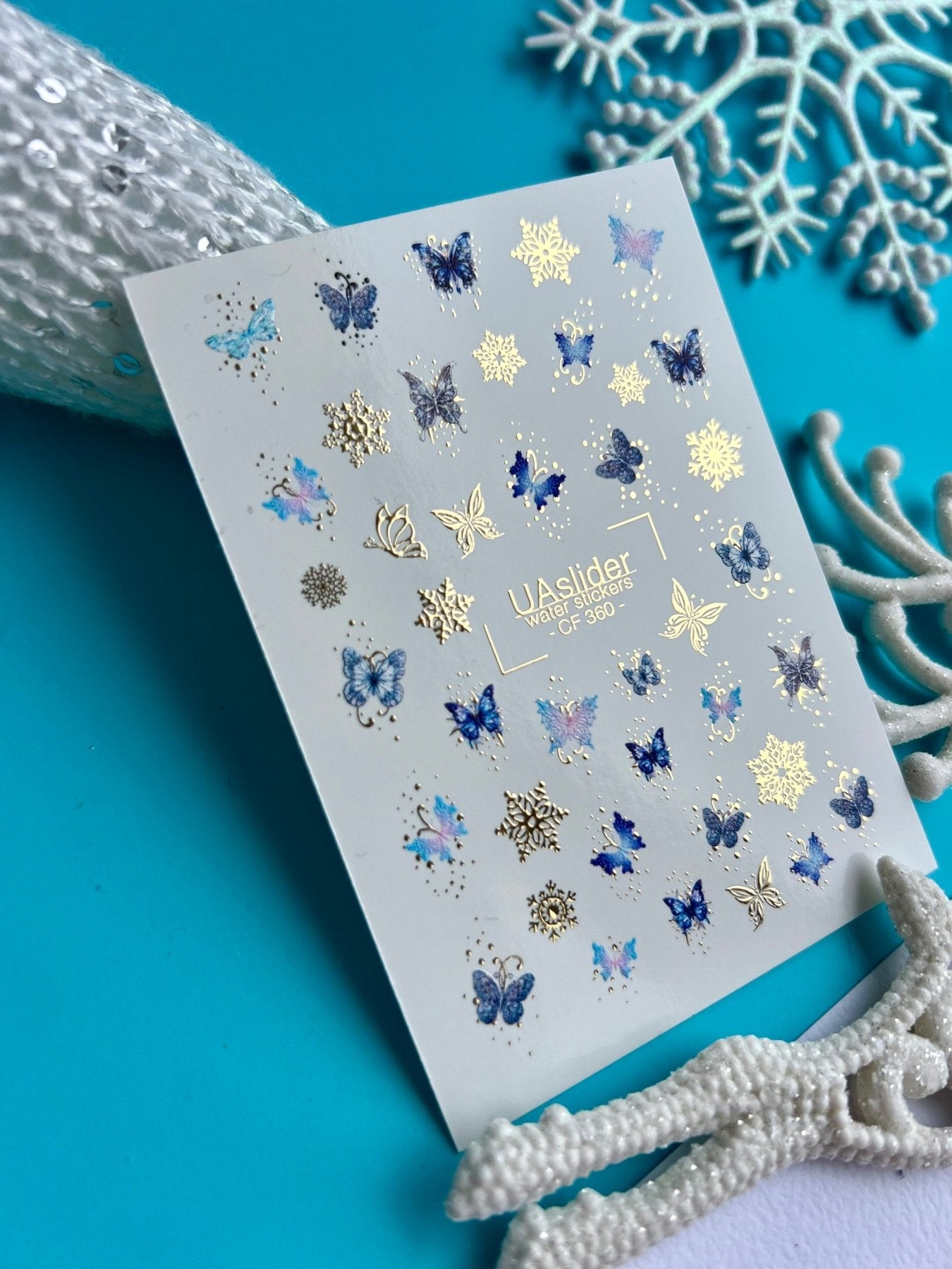 Nail Water Decal CF-360 | Water Nail Decals | Blue & Purple Butterflies with Gold Snowflakes | Winter Fairy Nail Art - UASLIDER