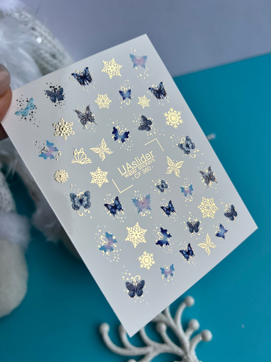 Nail Water Decal CF-360 | Water Nail Decals | Blue & Purple Butterflies with Gold Snowflakes | Winter Fairy Nail Art