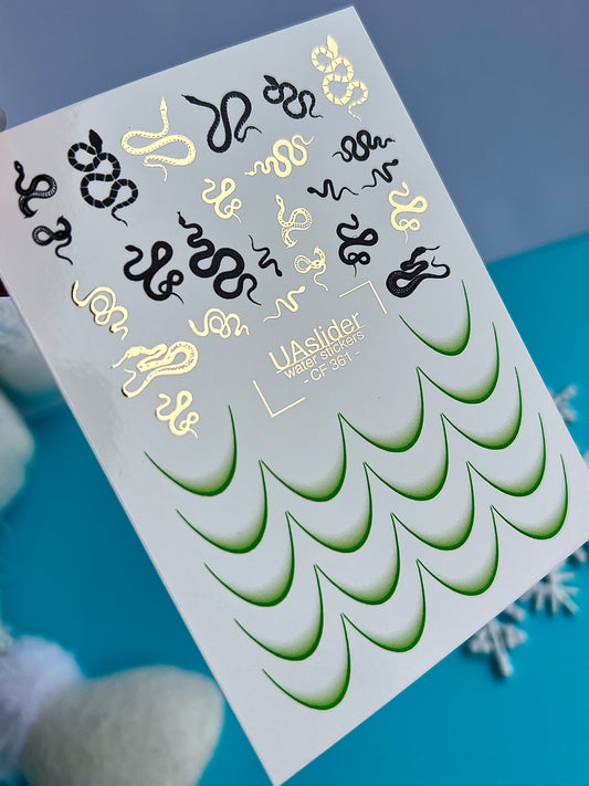 Nail Water Decal CF-361 | Water Nail Decals | Green French Tips & Snake Motifs | Reptile Nail Art