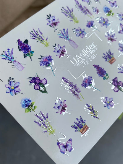 Nail Water Decal CF-365 | Water Slide Nail Decals | Lavender Flowers & Purple Butterflies