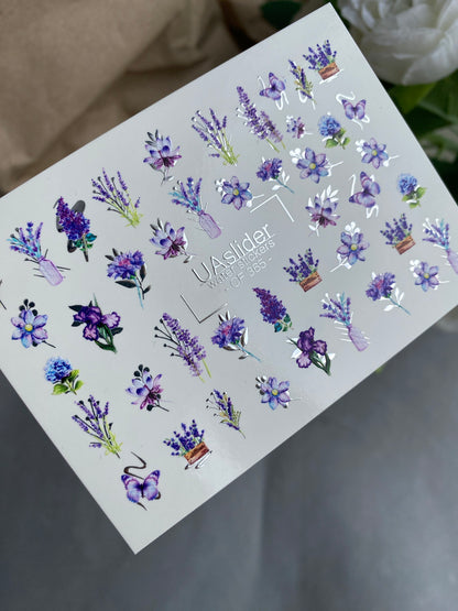Nail Water Decal CF-365 | Water Slide Nail Decals | Lavender Flowers & Purple Butterflies