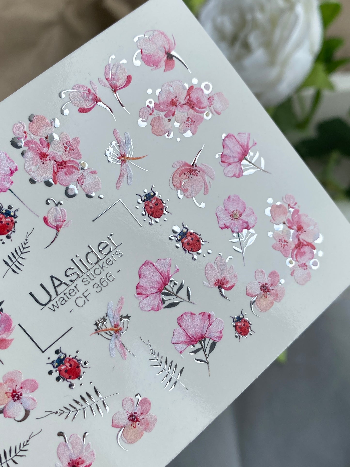 Nail Water Decal CF-366 | Water Slide Nail Decals | Pink Flowers & Ladybugs