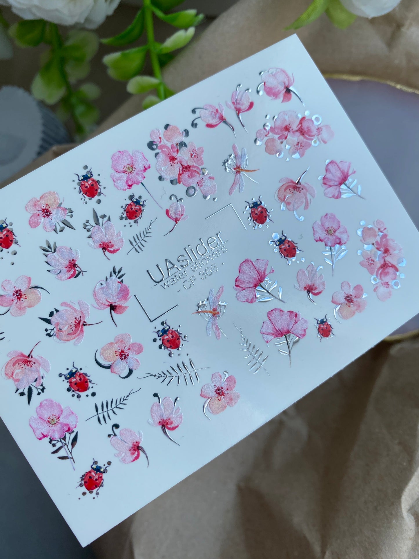 Nail Water Decal CF-366 | Water Slide Nail Decals | Pink Flowers & Ladybugs