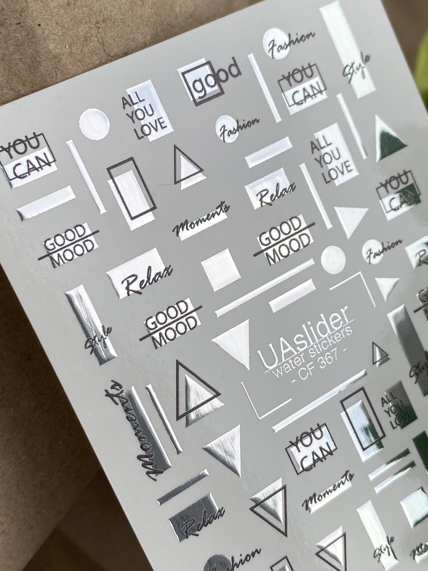 Nail Water Decal CF-367 | Water Slide Nail Decals | Silver Geometric & Motivational Text