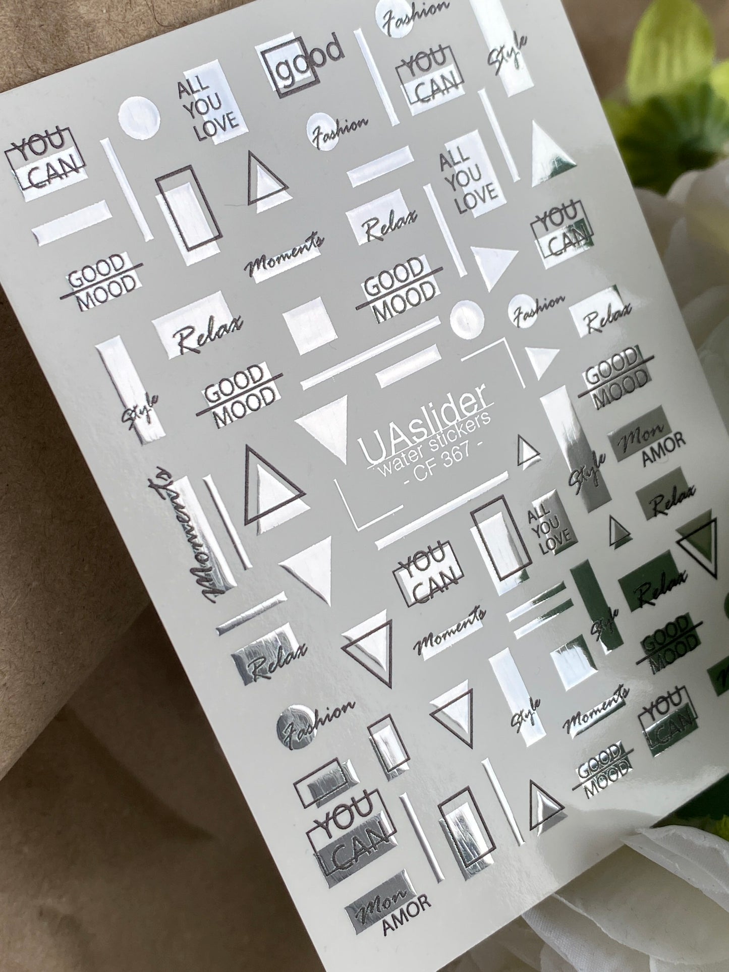 Nail Water Decal CF-367 | Water Slide Nail Decals | Silver Geometric & Motivational Text