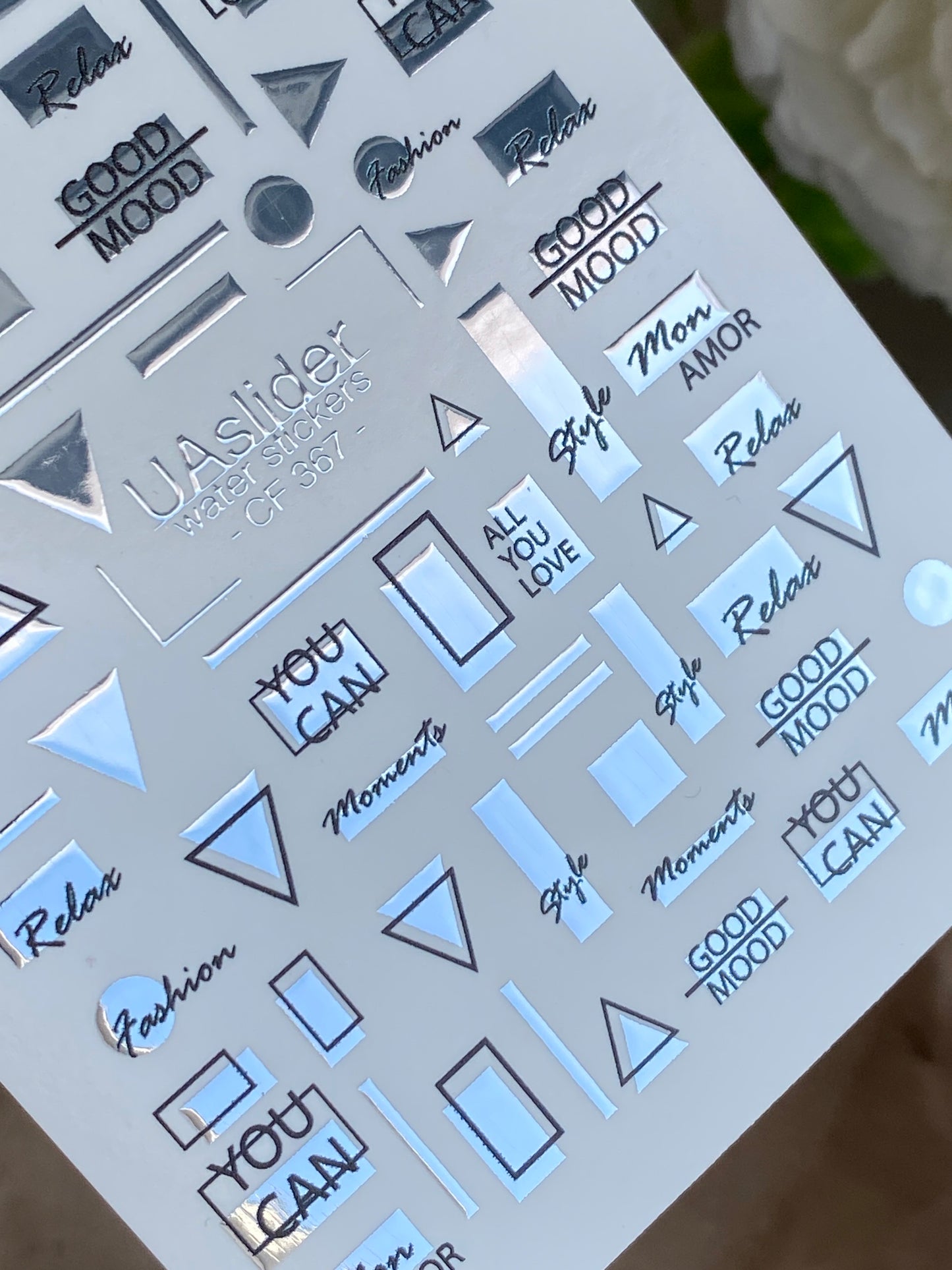 Nail Water Decal CF-367 | Water Slide Nail Decals | Silver Geometric & Motivational Text