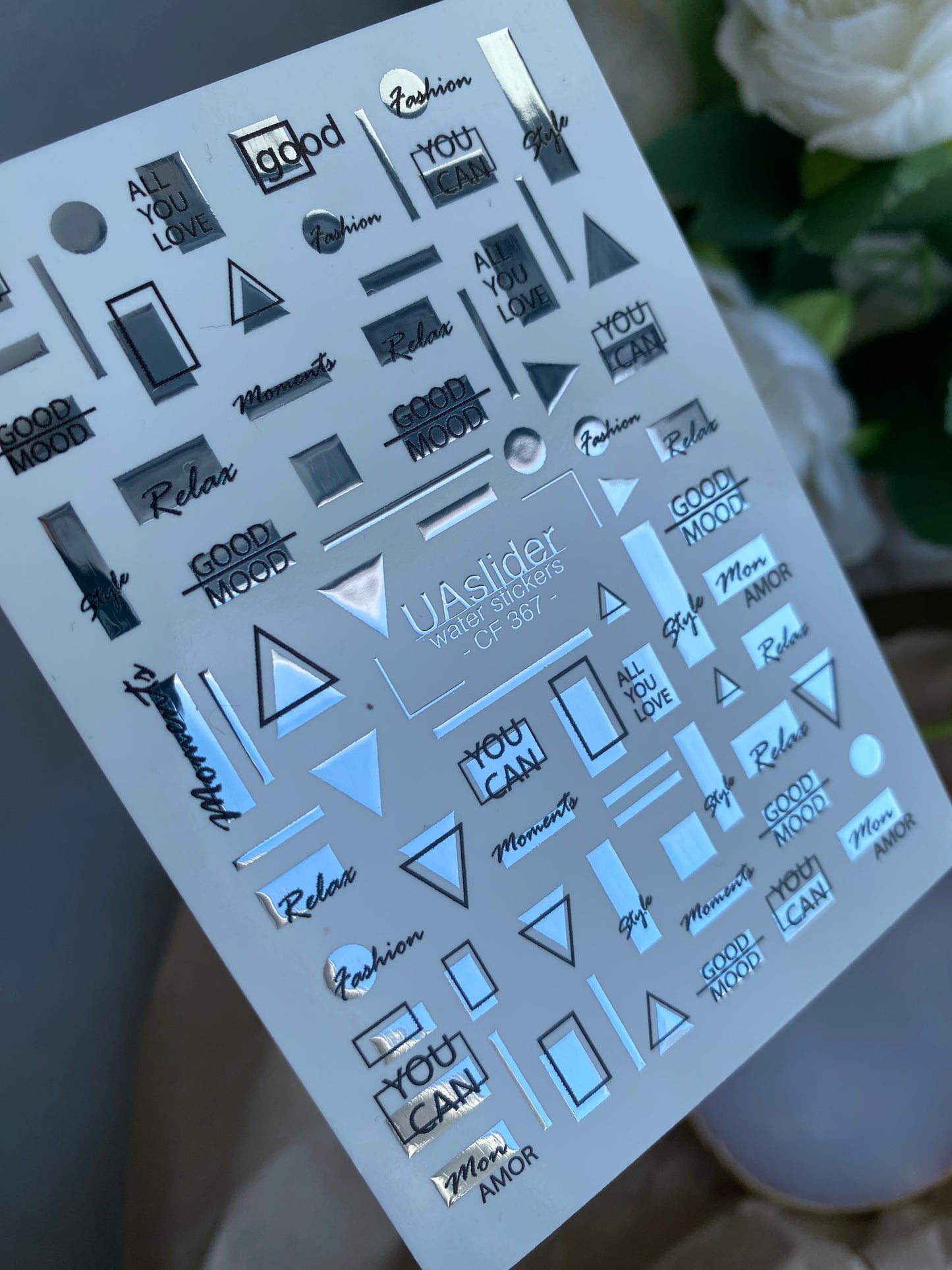 Nail Water Decal CF-367 | Water Slide Nail Decals | Silver Geometric & Motivational Text