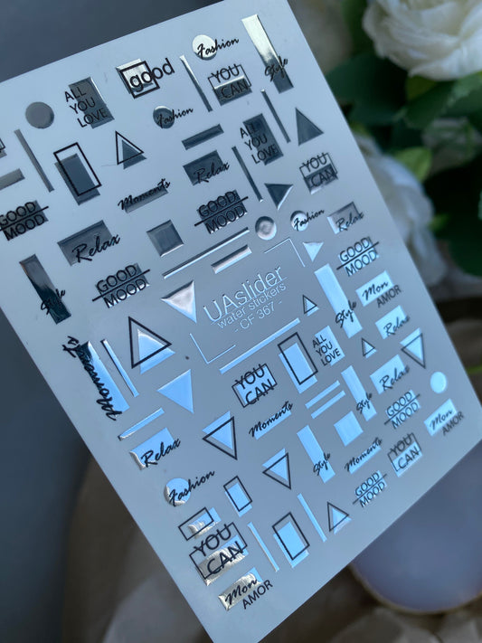 Nail Water Decal CF-367 | Water Slide Nail Decals | Silver Geometric & Motivational Text