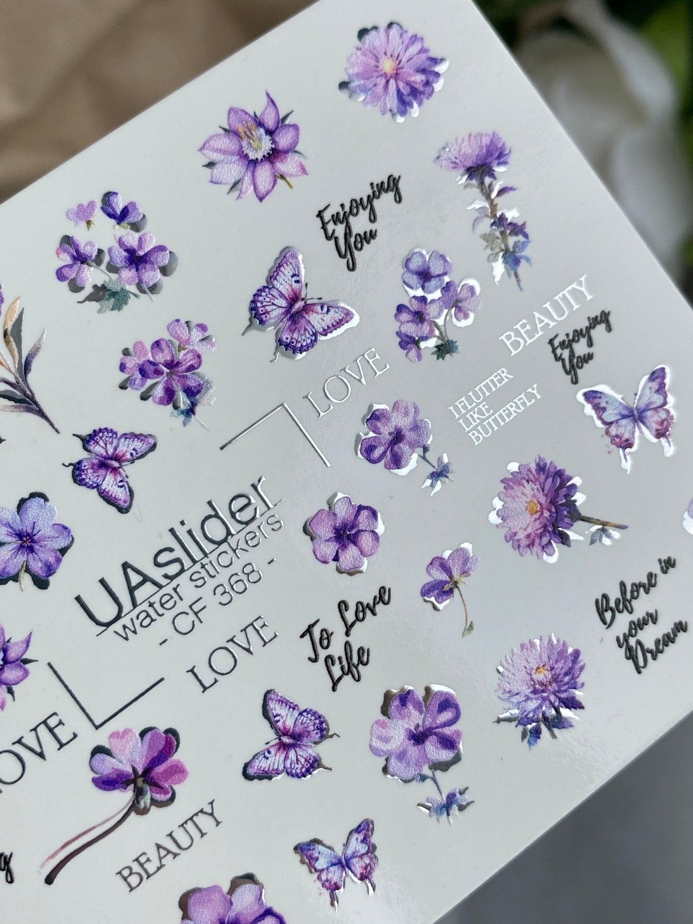 Nail Water Decal CF-368 | Water Slide Nail Decals | Purple Flowers, Butterflies & Love Quotes - UASLIDER