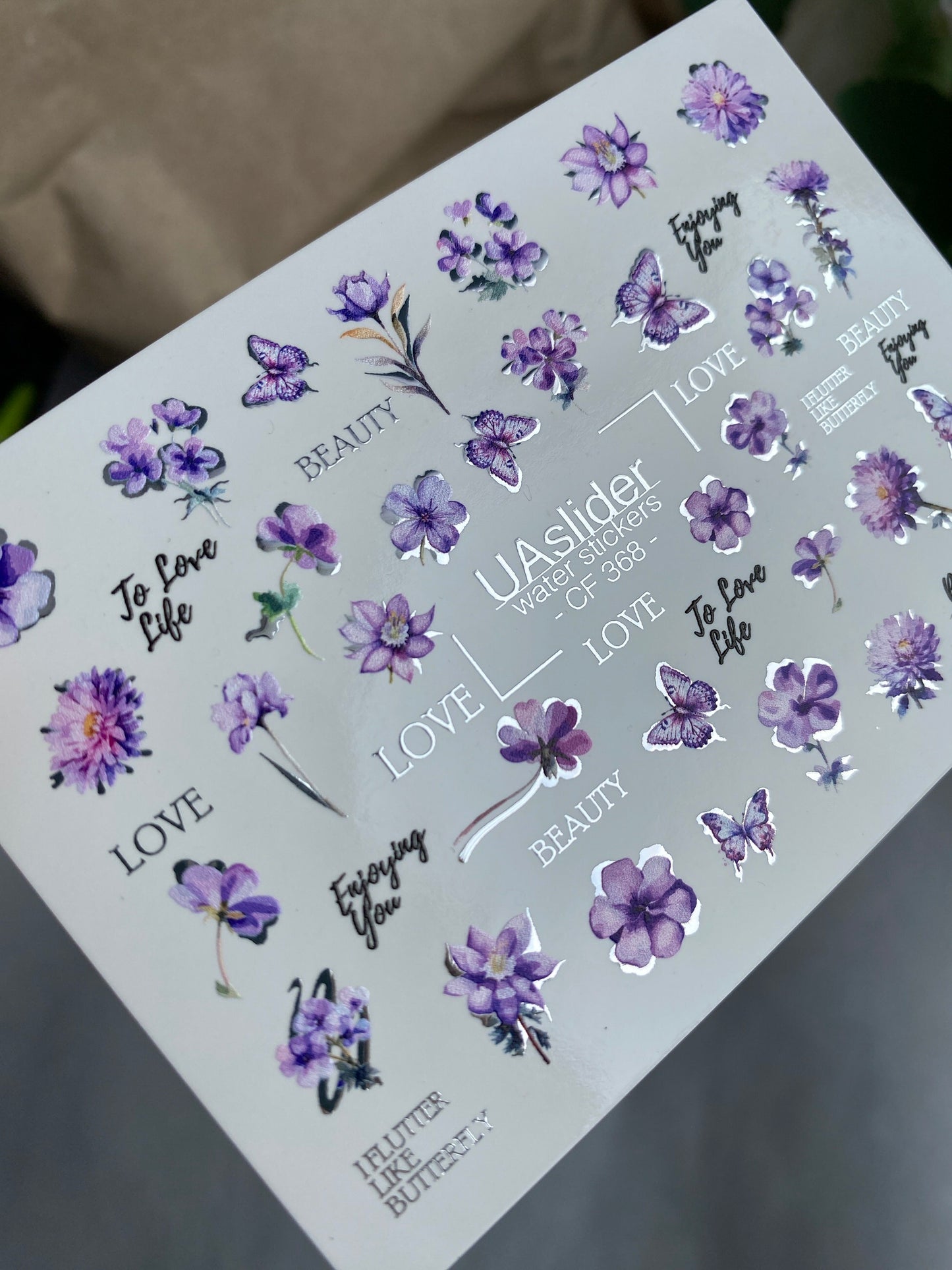 Nail Water Decal CF-368 | Water Slide Nail Decals | Purple Flowers, Butterflies & Love Quotes