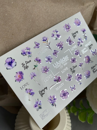 Nail Water Decal CF-368 | Water Slide Nail Decals | Purple Flowers, Butterflies & Love Quotes