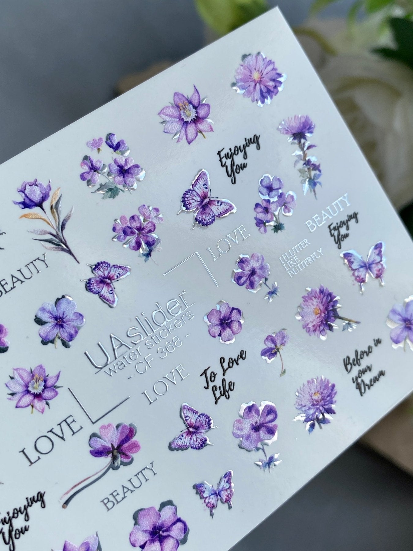 Nail Water Decal CF-368 | Water Slide Nail Decals | Purple Flowers, Butterflies & Love Quotes - UASLIDER